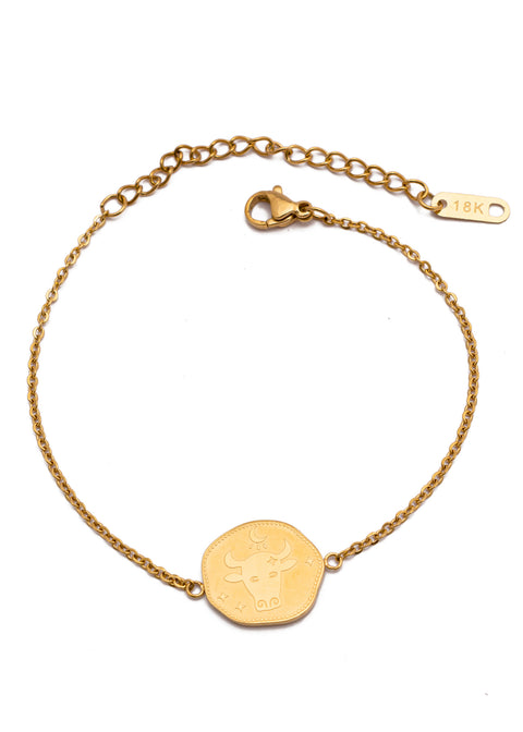 Made with exquisite 18k gold plated modern & contemporary zodiac bracelet from our premium jewelry brand Neeyo. This bracelet is designed to add a touch of elegance and sophistication to your everyday outfit. It has two sides and can be worn and paired with almost anything.  Material: Stainless Steel Plating: 18K Gold-Plated Waterproof Hypoallergenic Anti-tarnish
