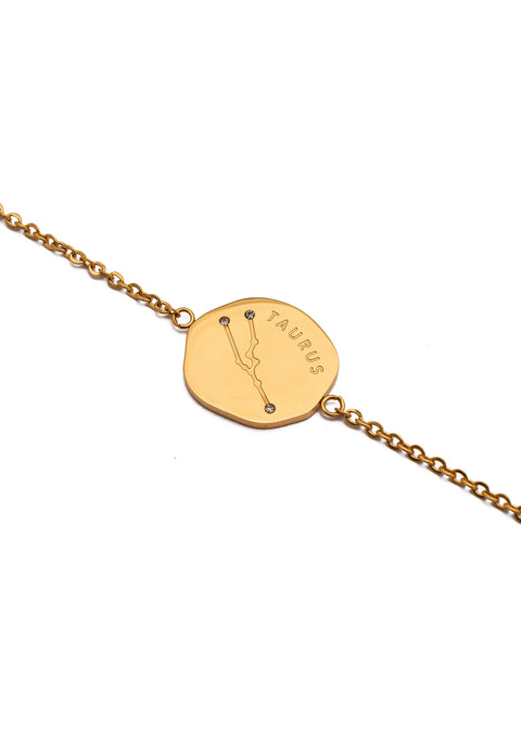 Made with exquisite 18k gold plated modern & contemporary zodiac bracelet from our premium jewelry brand Neeyo. This bracelet is designed to add a touch of elegance and sophistication to your everyday outfit. It has two sides and can be worn and paired with almost anything.  Material: Stainless Steel Plating: 18K Gold-Plated Waterproof Hypoallergenic Anti-tarnish