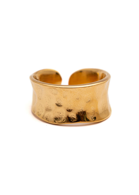 This modern and contemporary textured gold ring is the epitome of elegance. Made from high-quality 18k gold plating, this ring is not only durable but also boasts a beautiful and unique texture that sets it apart from the rest. Whether you're dressing up for a night out or simply looking to add a touch of sophistication to your everyday wear, this ring is sure to make a statement.  Material: Stainless Steel Plating: 18K Gold-Plated Waterproof Hypoallergenic Anti-tarnish