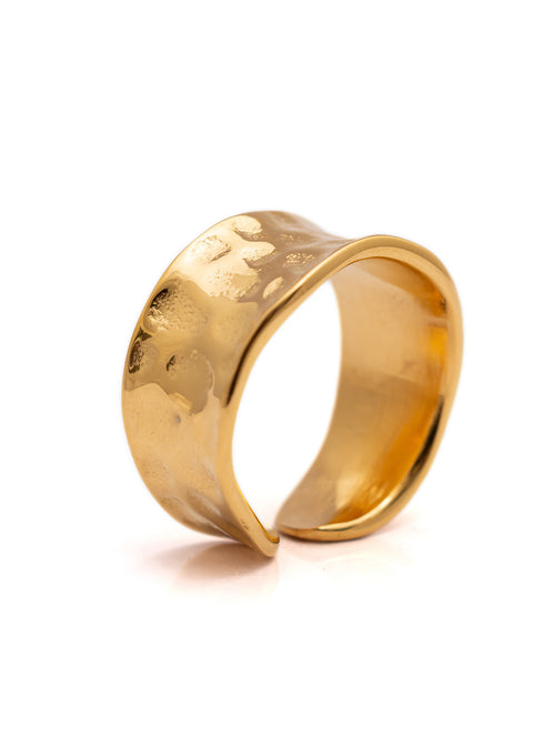 This modern and contemporary textured gold ring is the epitome of elegance. Made from high-quality 18k gold plating, this ring is not only durable but also boasts a beautiful and unique texture that sets it apart from the rest. Whether you're dressing up for a night out or simply looking to add a touch of sophistication to your everyday wear, this ring is sure to make a statement.  Material: Stainless Steel Plating: 18K Gold-Plated Waterproof Hypoallergenic Anti-tarnish